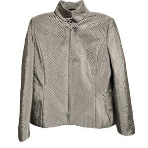 Linda Allard Ellen Tracy 100% Silk Pleated Lined Zipup Jacket Shiny Gray Size 12